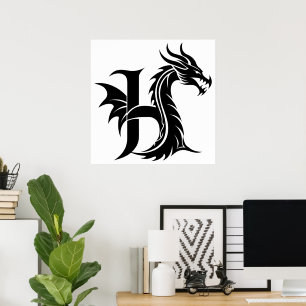 Poster Lettre H de style dragon, alphabet dragon, monogra