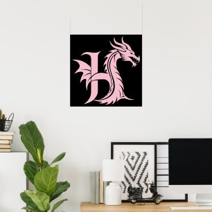 Poster Lettre H de style dragon, alphabet du dragon, mono