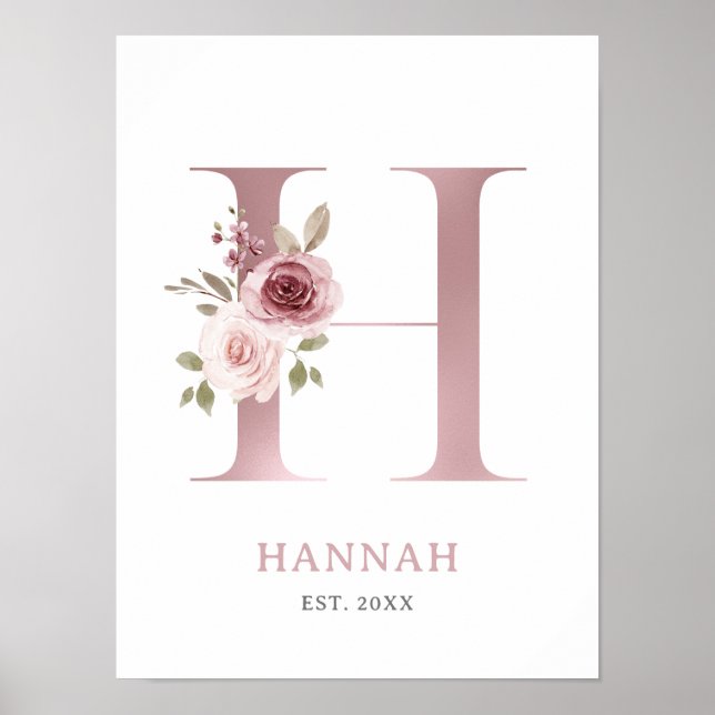 Poster Lettre H Monogramme Aquarelle Rose Florals Nursery (Devant)