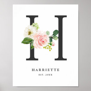 Poster Lettre H Monogramme Peach Florals Nursery