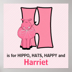 Poster Lettre H Monogrammée Hippopotame Rose Chambre de B