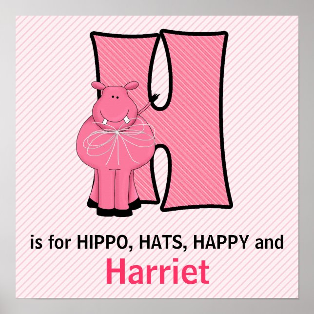 Poster Lettre H Monogrammée Hippopotame Rose Chambre de B (Devant)