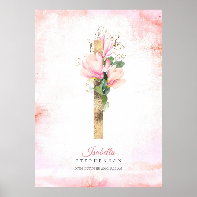 Poster Lettre I Monogramme Feuilles or rose Magnolia Flor (Devant)