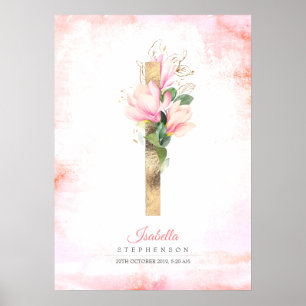 Poster Lettre I Monogramme Feuilles or rose Magnolia Flor