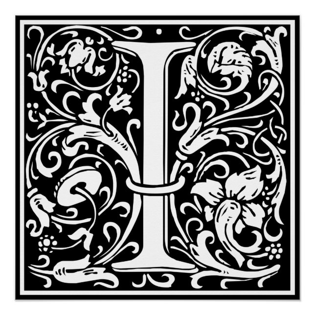 Poster Lettre I Monogramme médiéval Art Nouveau (Devant)