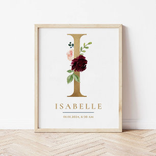 Poster Lettre I Monogramme Nom Marsala Floral Nursery