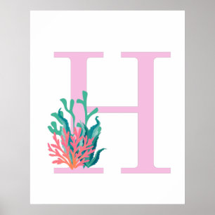 Poster Lettre initiale H Monogramme rose Turquoise Corail
