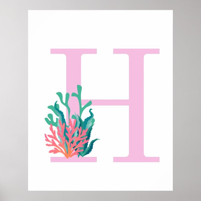 Poster Lettre Initiale Monogramme H Rose Sarcelle Corail  (Devant)