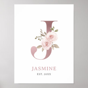 Poster Lettre J Monogram Rose d'aquarelle Florals Nursery