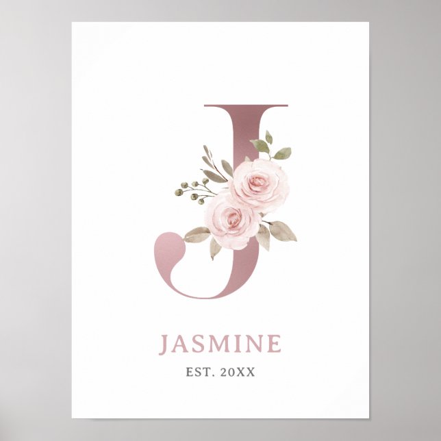 Poster Lettre J Monogram Rose d'aquarelle Florals Nursery (Devant)