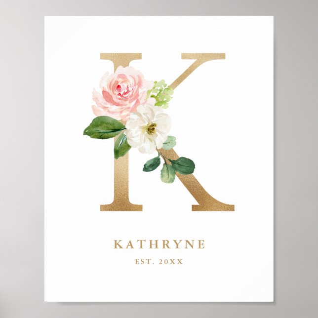 Poster Lettre K Blush Floral Monogram Gold Foil Nursery (Devant)