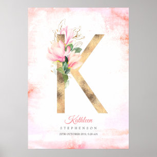 Poster LETTRE K Feuilles d'or Monogramme rose Magnolia Fl