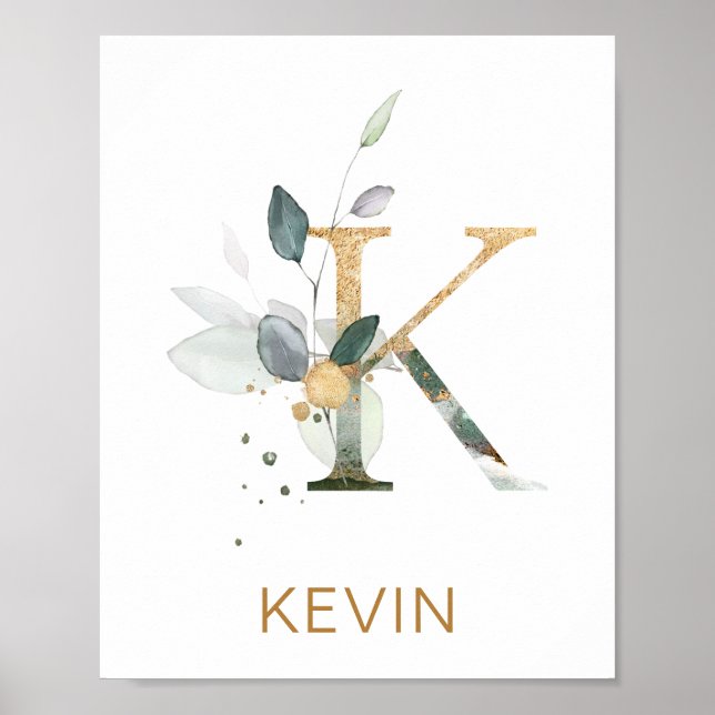 Poster Lettre K Monogramme Feuillage vert et or Pépinière (Devant)