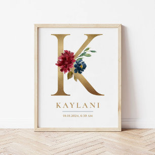 Poster Lettre K Monogramme Nom Marsala Floral Nursery