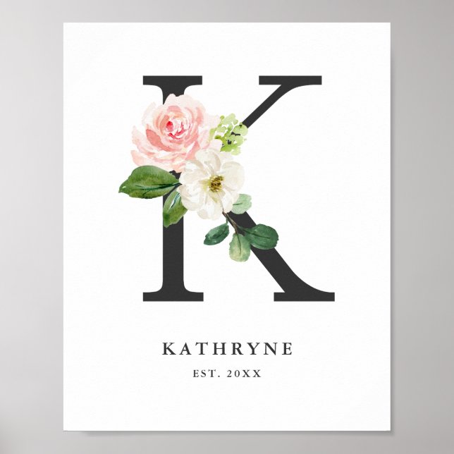 Poster Lettre K Monogramme Peach Florals Peach Nursery (Devant)