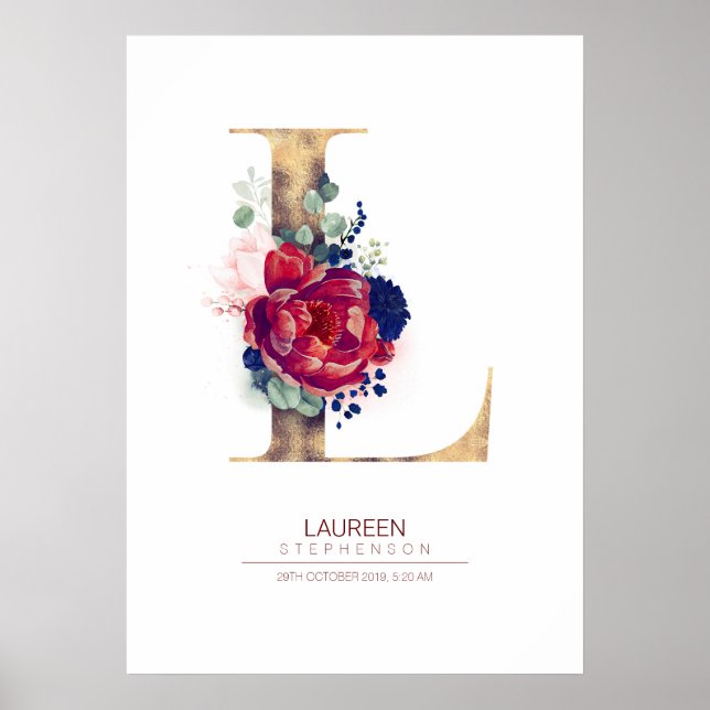 Poster Lettre L Monogram Floral Marine Bleu et Bourgogne (Devant)