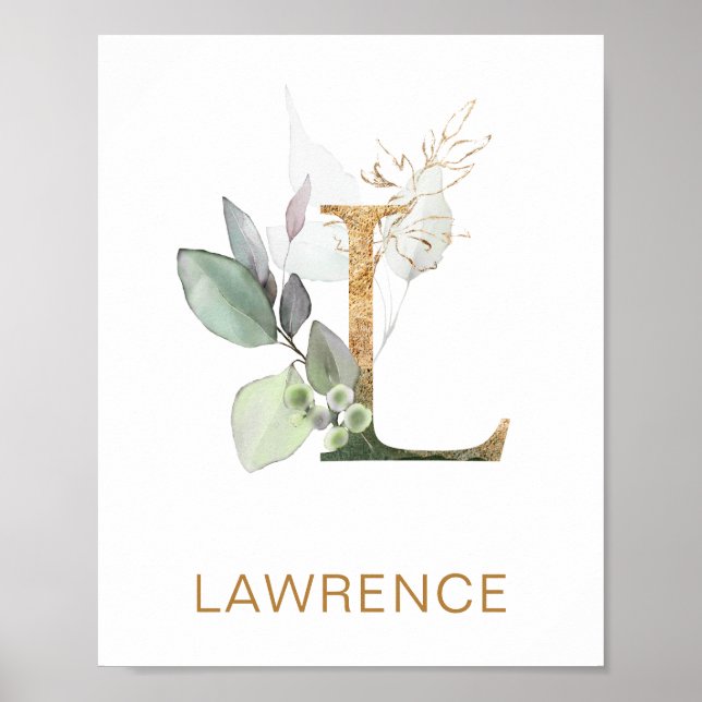 Poster Lettre L Monogramme Feuillage vert et or Pépinière (Devant)