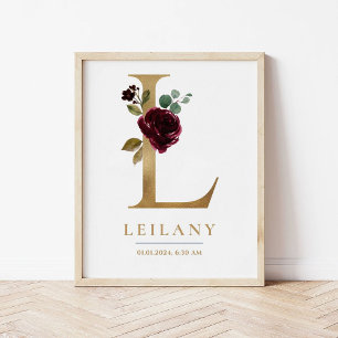 Poster Lettre L Nom du monogramme Marsala Floral Nursery