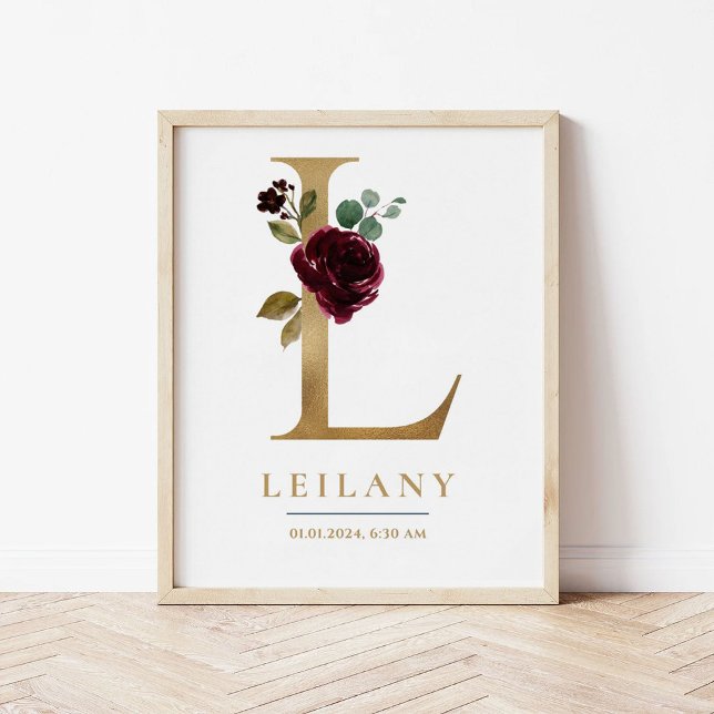 Poster Lettre L Nom du monogramme Marsala Floral Nursery (Créateur téléchargé)