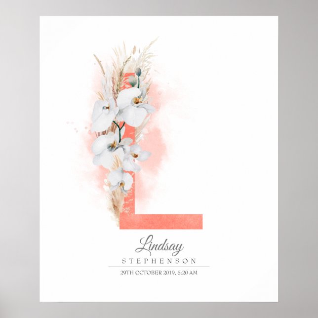 Poster Lettre L Orchidées blanches Monogrammes et laiton  (Devant)