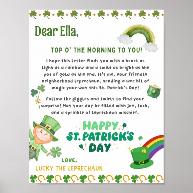 Poster Lettre leprechaun de St Patrick personnalisée (Devant)