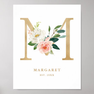 Poster Lettre M Blush Floral Monogram Gold Foil Nursery