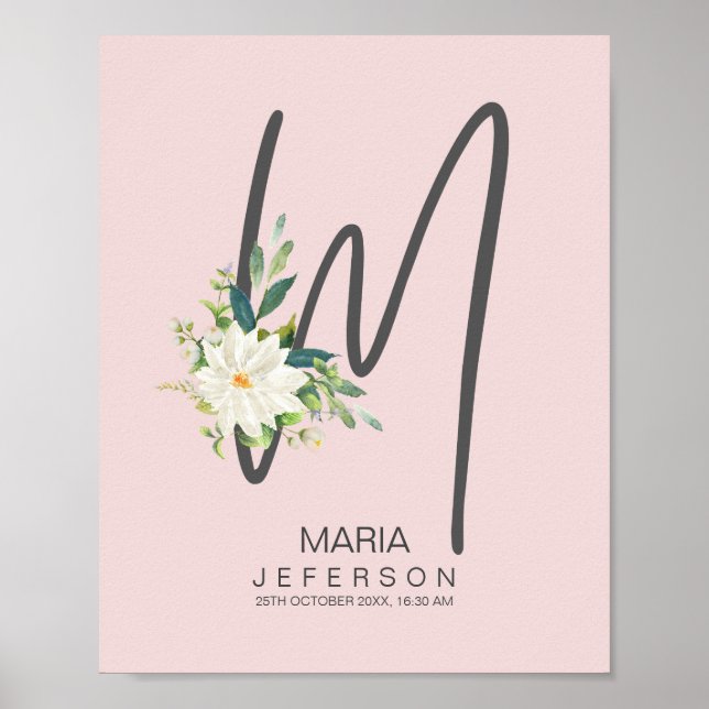 Poster Lettre M Décor floral moelleux monogramme (Devant)