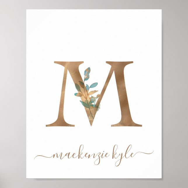 Poster Lettre M dorée en monogramme aquarelle florale (Devant)