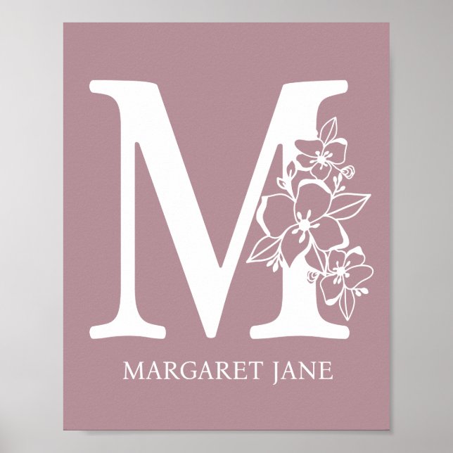 Poster Lettre M Floral Monogramme Nom Pépinière Moderne (Devant)