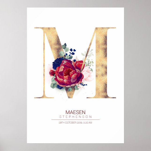 Poster Lettre M Monogram Floral Marine Bleu et Bourgogne (Devant)