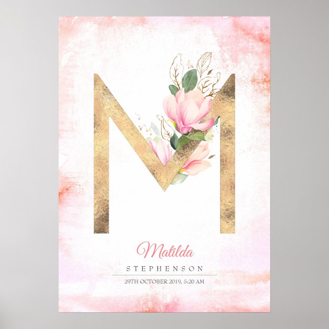Poster Lettre M Monogramme Feuille d'or rose Magnolia Flo (Devant)