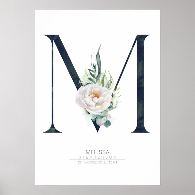 Poster Lettre M Monogramme Fleurs Blanches et Feuillage (Devant)