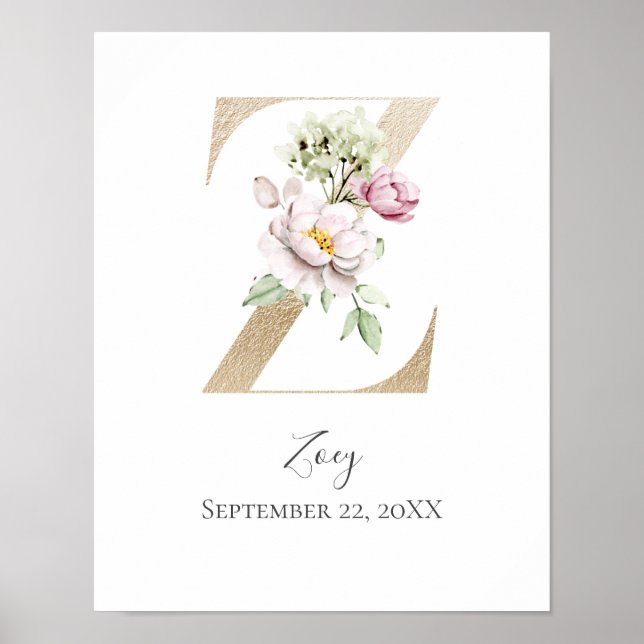 Poster LETTRE MONGRAPHIQUE Z Pink Blanc Floral OR PUR (Devant)