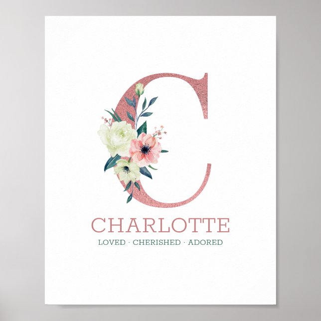 Poster Lettre monogramme C Aquarelle rose Floral Nursery (Devant)