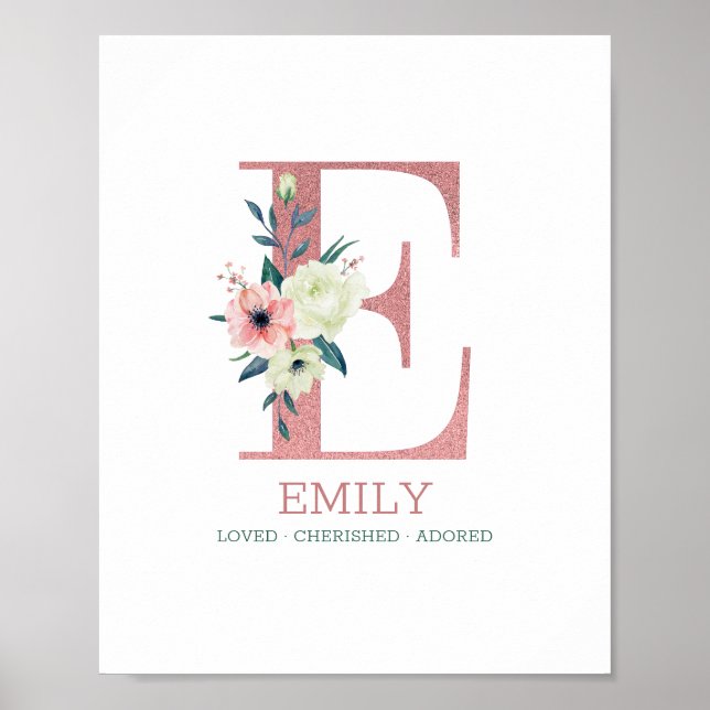 Poster Lettre monogramme E Aquarelle rose Floral Nursery (Devant)