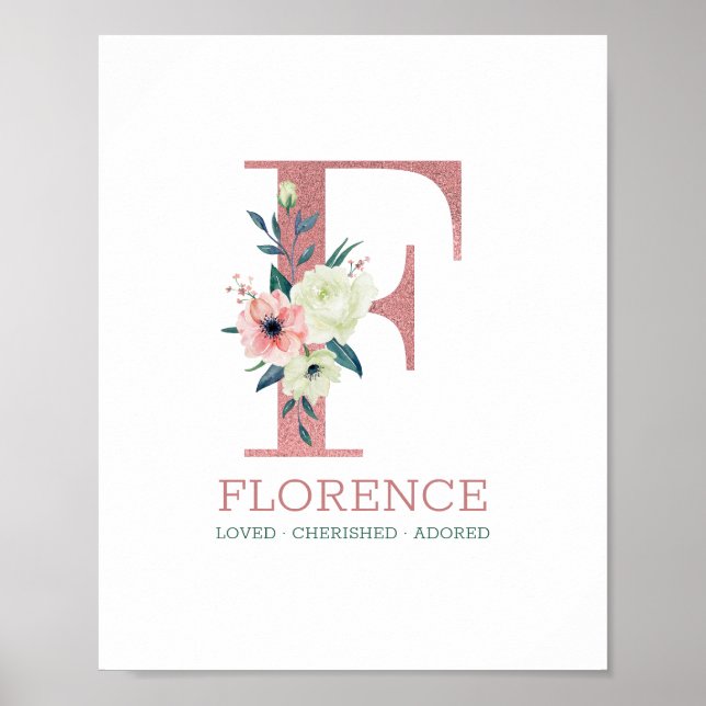 Poster Lettre monogramme F Aquarelle rose Pépinière flora (Devant)