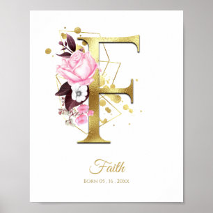 Poster Lettre monogramme F Pétrole or et pépinière floral