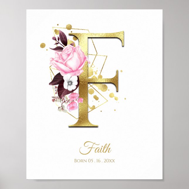 Poster Lettre monogramme F Pétrole or et pépinière floral (Devant)