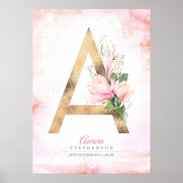 Poster Lettre Monogramme Feuille d'or rose Magnolia Flora (Devant)