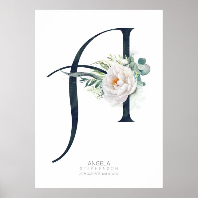 Poster Lettre Monogramme Fleurs blanches et verdure (Devant)
