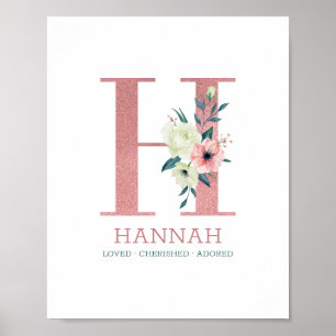 Poster Lettre Monogramme H Rose Aquarelle Fleurs Décorati