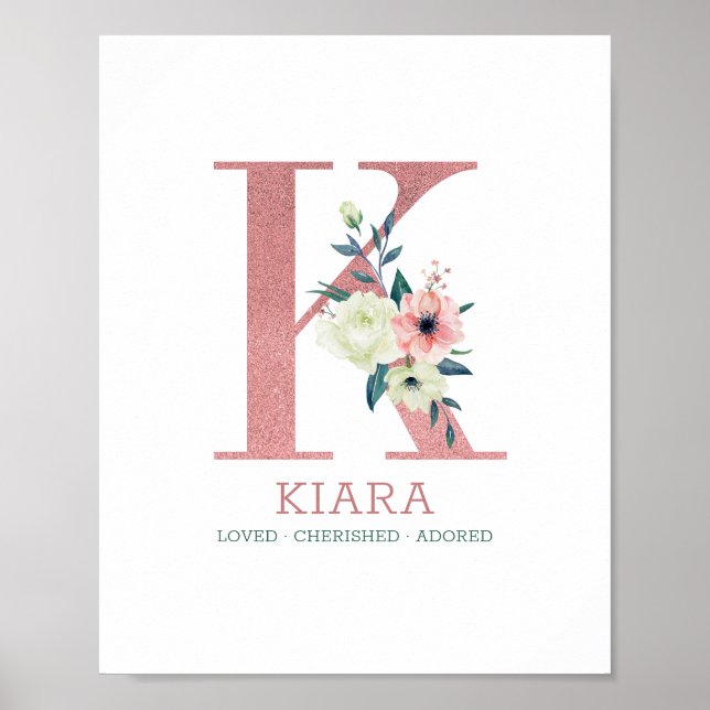 Poster Lettre monogramme K Aquarelle rose Floral Nursery (Devant)