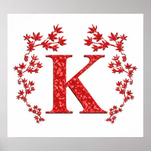 Poster Lettre monogramme K Feuilles rouges