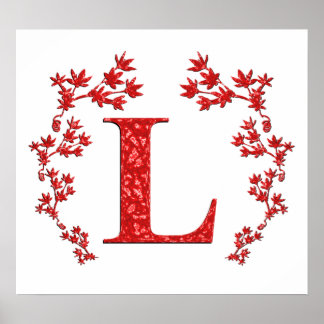 Poster Lettre monogramme L Feuilles rouges