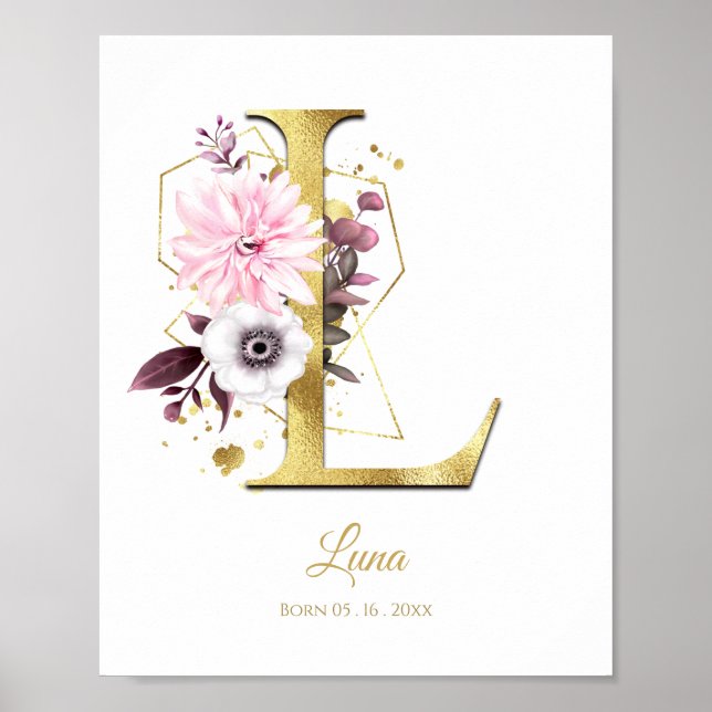 Poster Lettre monogramme L Pétrole or et pépinière rose f (Devant)