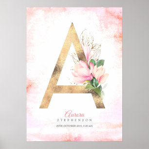 Poster Lettre Monogramme Or Feuilles Magnolia Rose Floral