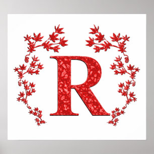 Poster Lettre monogramme R Feuilles rouges
