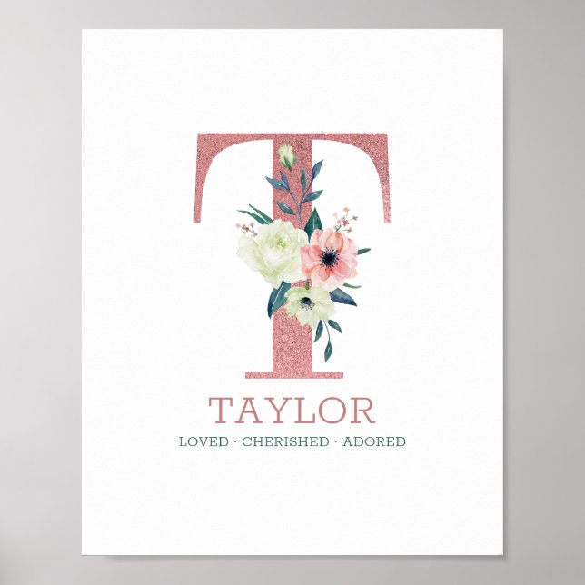 Poster Lettre monogramme T Aquarelle rose Floral Nursery (Devant)