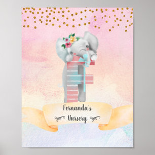 Poster Lettre Monogrammée F Éléphant Bébé Fille Nursery