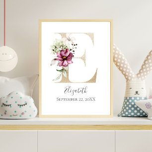 Poster LETTRE MONOGRAPHIQUE E Pink Blanc Floral OR PUR